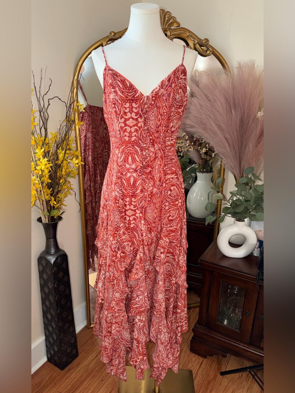VICI Red Patterned V-Neck Ruffle Slip Dress size S